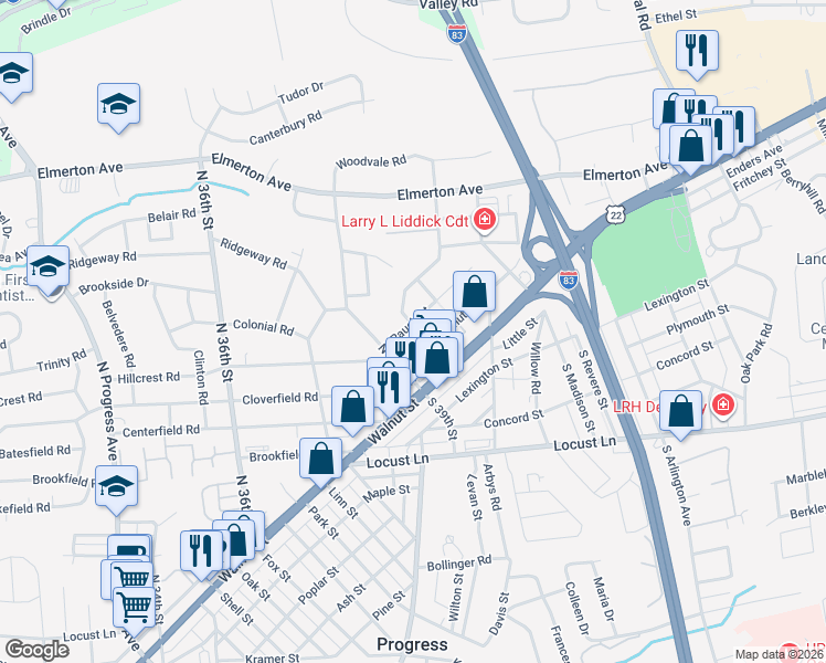 map of restaurants, bars, coffee shops, grocery stores, and more near 3925 Rauch Street in Harrisburg