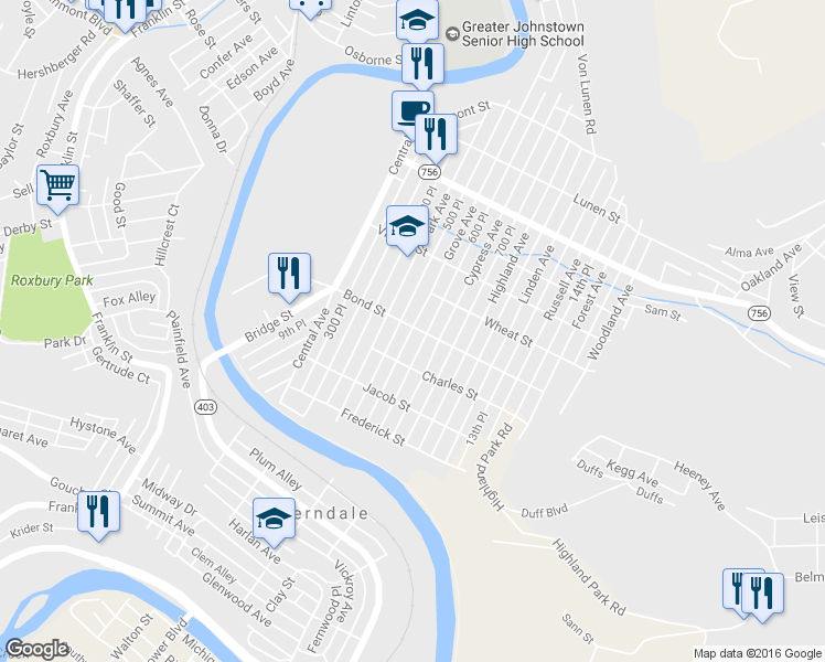 map of restaurants, bars, coffee shops, grocery stores, and more near 169 Bond Street in Johnstown