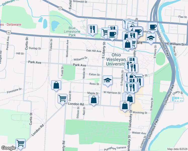 map of restaurants, bars, coffee shops, grocery stores, and more near 33 Eaton Street in Delaware