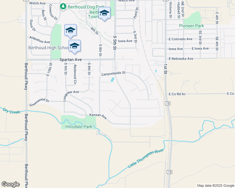 map of restaurants, bars, coffee shops, grocery stores, and more near 625 Great Basin Court in Berthoud