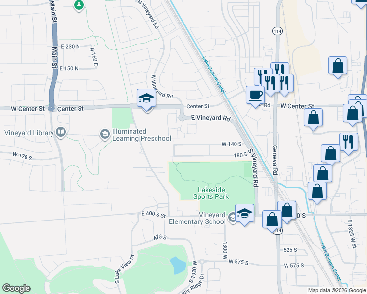 map of restaurants, bars, coffee shops, grocery stores, and more near 1965 West 140 South in Vineyard