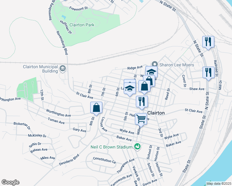 map of restaurants, bars, coffee shops, grocery stores, and more near 601 Waddell Avenue in Clairton