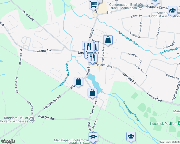 map of restaurants, bars, coffee shops, grocery stores, and more near 6 Main Street in Englishtown