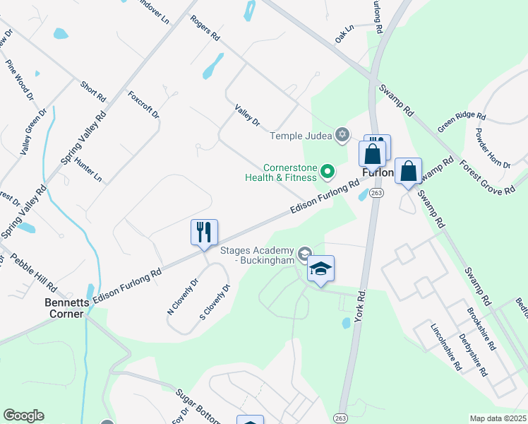 map of restaurants, bars, coffee shops, grocery stores, and more near 654 Edison Furlong Road in Furlong