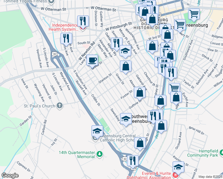 map of restaurants, bars, coffee shops, grocery stores, and more near 526 Brandon Street in Greensburg