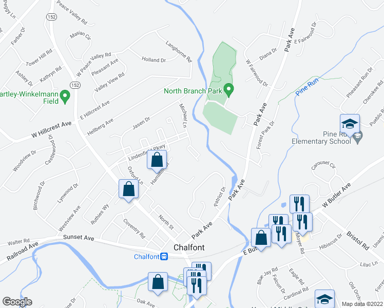 map of restaurants, bars, coffee shops, grocery stores, and more near 530 Patrick Place in Chalfont