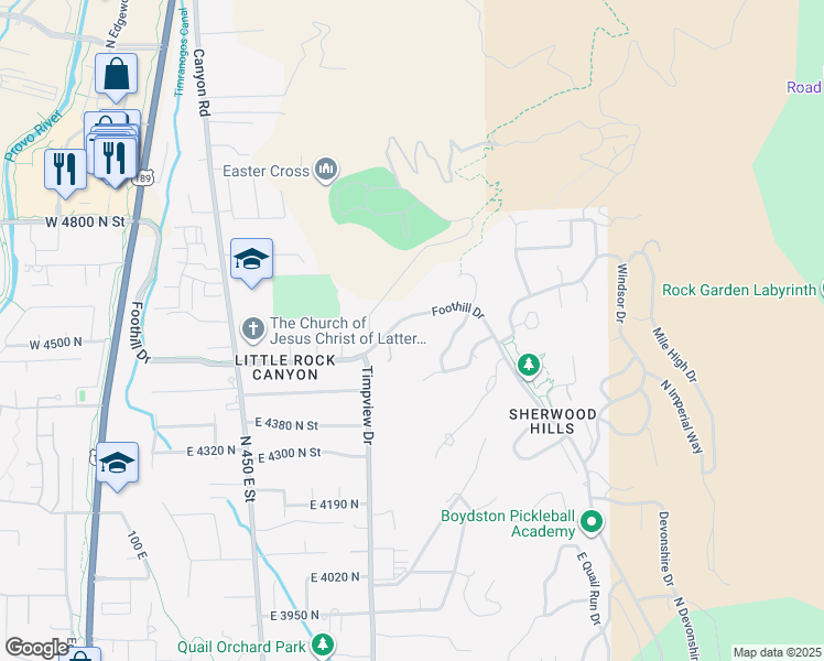 map of restaurants, bars, coffee shops, grocery stores, and more near 4601 Foothill Drive in Provo