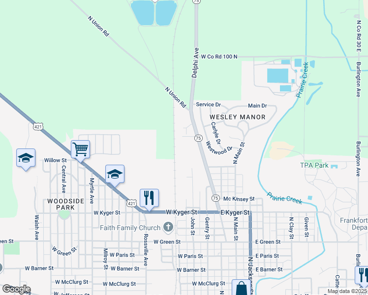 map of restaurants, bars, coffee shops, grocery stores, and more near 1150 Delphi Avenue in Frankfort