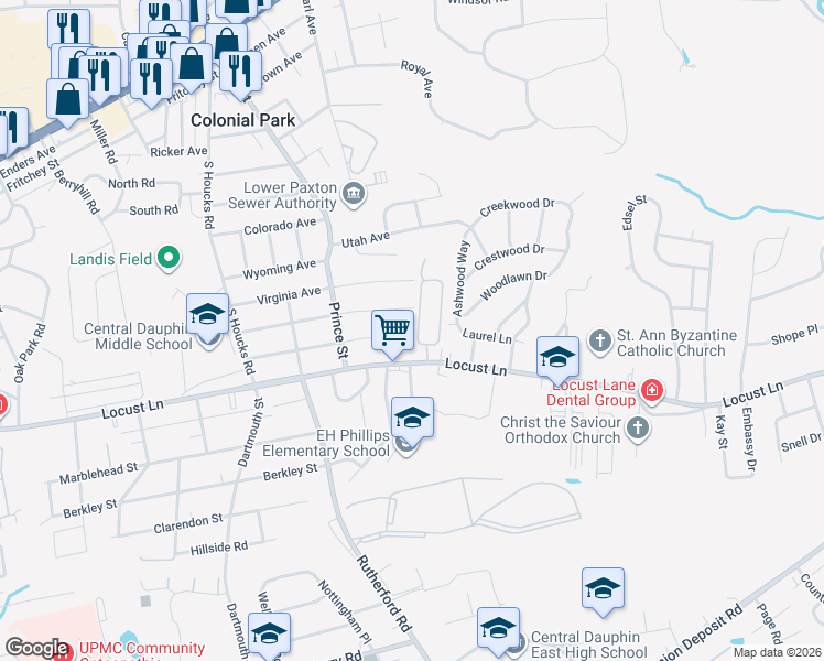 map of restaurants, bars, coffee shops, grocery stores, and more near 5024 Constitution Avenue in Harrisburg