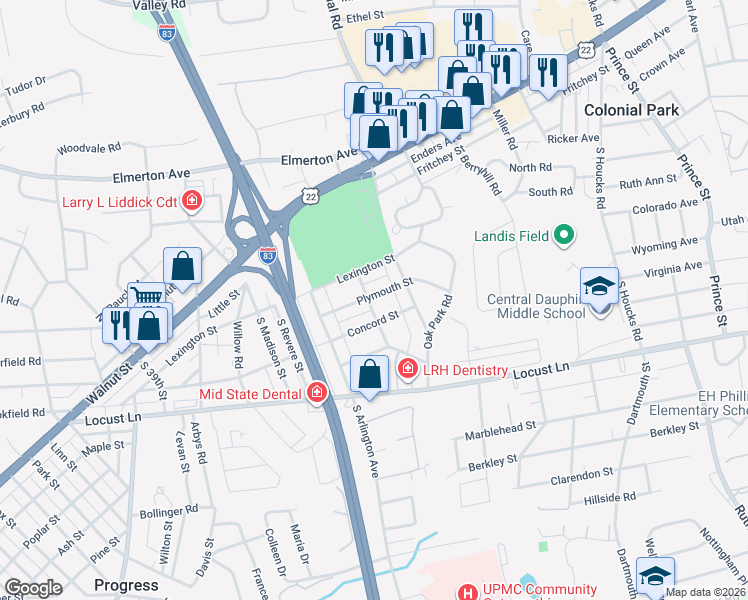 map of restaurants, bars, coffee shops, grocery stores, and more near 4301 Plymouth Street in Harrisburg