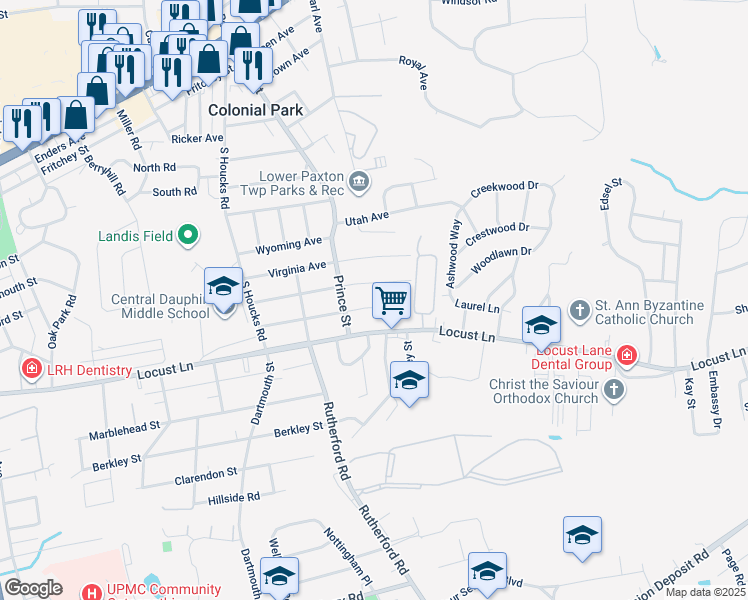 map of restaurants, bars, coffee shops, grocery stores, and more near 5010 Constitution Ave in Harrisburg