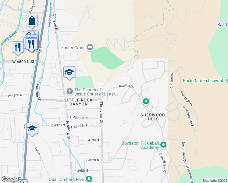 map of restaurants, bars, coffee shops, grocery stores, and more near 4601 Foothill Drive in Provo