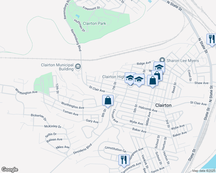 map of restaurants, bars, coffee shops, grocery stores, and more near 722 Waddell Avenue in Clairton