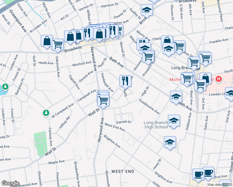 map of restaurants, bars, coffee shops, grocery stores, and more near 550 Winter Street in Long Branch