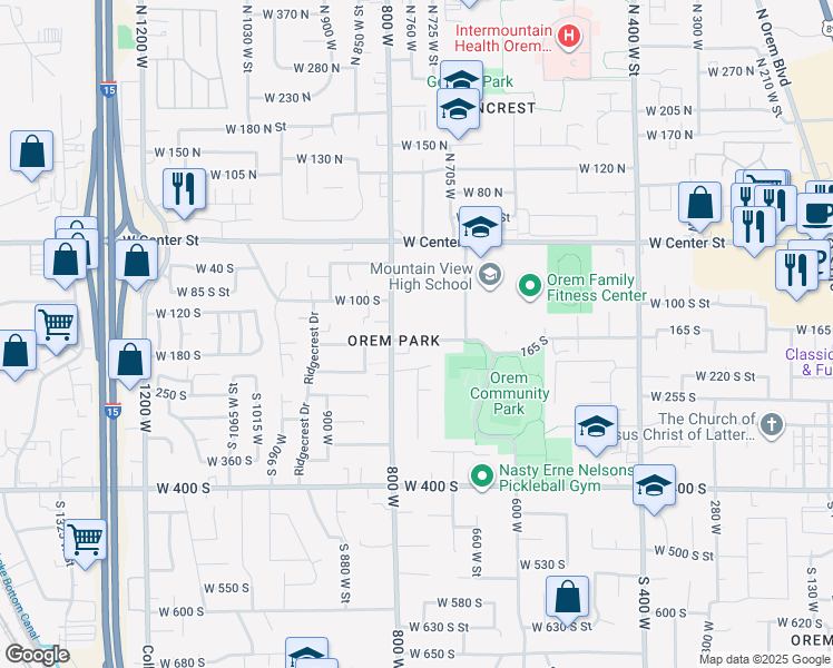 map of restaurants, bars, coffee shops, grocery stores, and more near 760 165 South in Orem