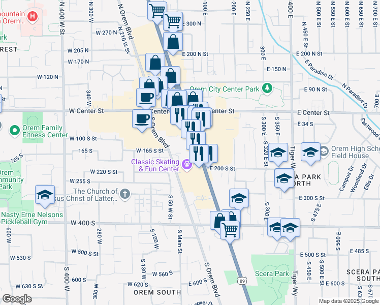 map of restaurants, bars, coffee shops, grocery stores, and more near 142 State Street in Orem