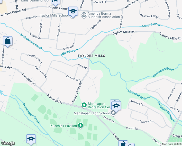map of restaurants, bars, coffee shops, grocery stores, and more near 27 Taylors Mills Road in Manalapan Township