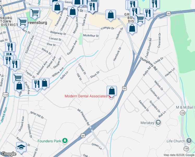 map of restaurants, bars, coffee shops, grocery stores, and more near 404 Thornton Avenue in Greensburg