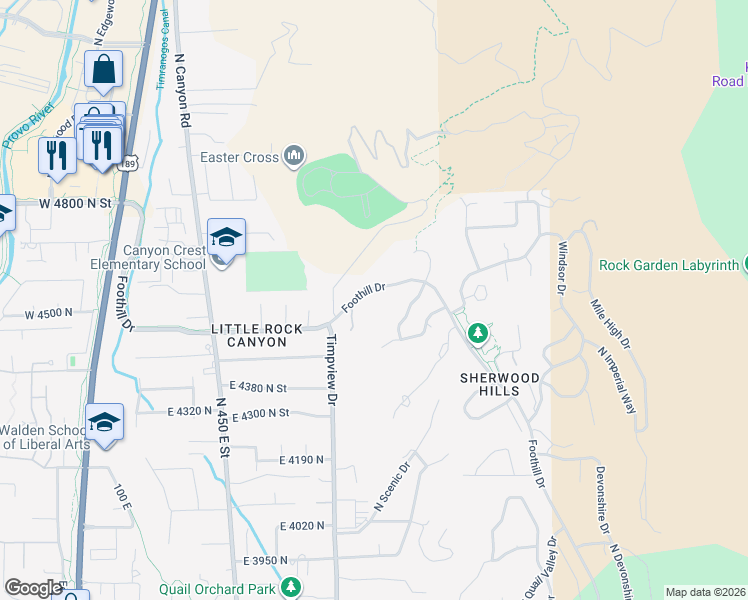 map of restaurants, bars, coffee shops, grocery stores, and more near 4601 Foothill Drive in Provo