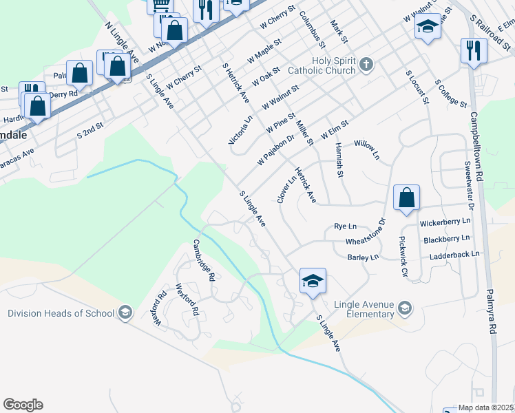 map of restaurants, bars, coffee shops, grocery stores, and more near 506 South Lingle Avenue in Palmyra