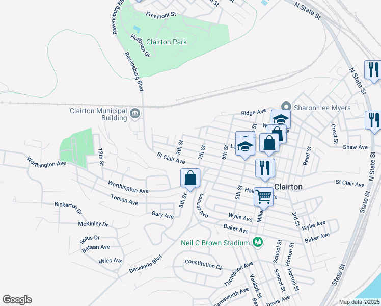 map of restaurants, bars, coffee shops, grocery stores, and more near 722 Waddell Avenue in Clairton