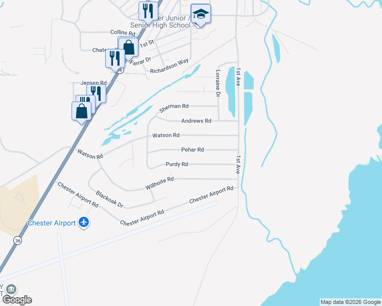 map of restaurants, bars, coffee shops, grocery stores, and more near 612 Pehar Road in Chester