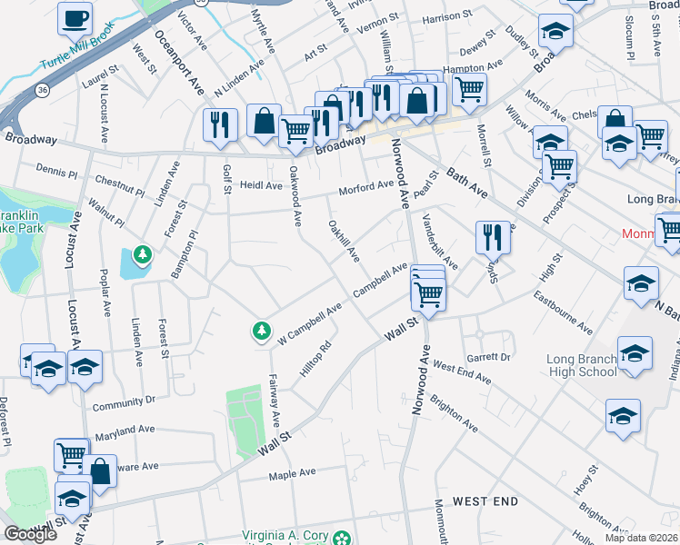 map of restaurants, bars, coffee shops, grocery stores, and more near 143 Oakwood Avenue in Long Branch