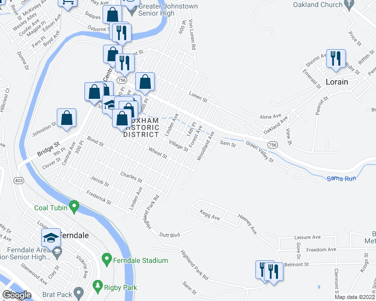map of restaurants, bars, coffee shops, grocery stores, and more near 417 Village Street in Johnstown