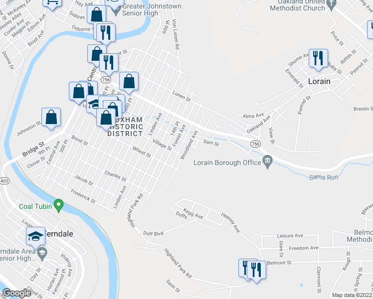 map of restaurants, bars, coffee shops, grocery stores, and more near 560 Woodland Avenue in Johnstown