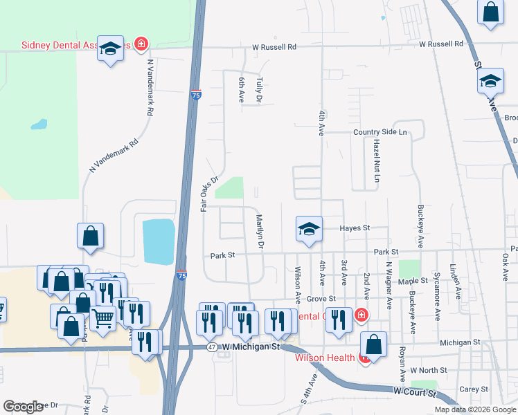 map of restaurants, bars, coffee shops, grocery stores, and more near 774 Marilyn Drive in Sidney