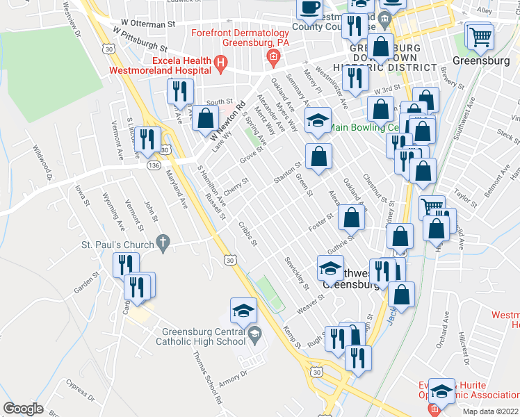 map of restaurants, bars, coffee shops, grocery stores, and more near 419 Sewickley Street in Greensburg