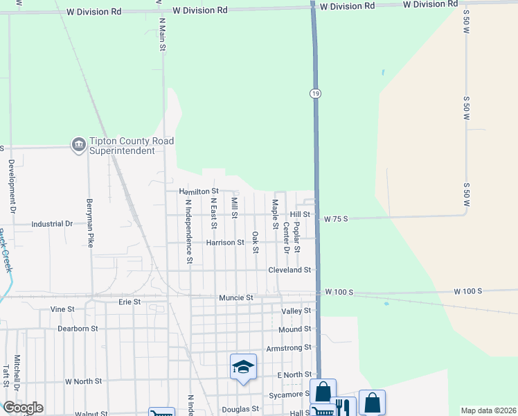 map of restaurants, bars, coffee shops, grocery stores, and more near 903 Oak Street in Tipton