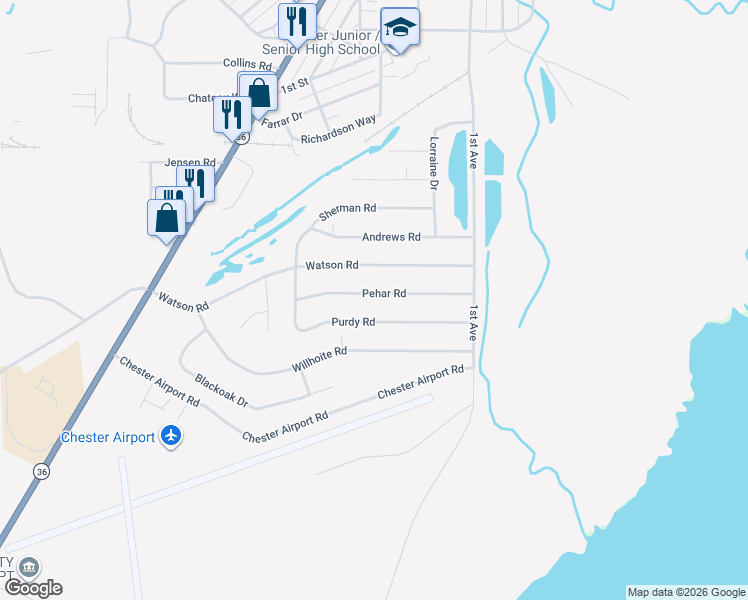 map of restaurants, bars, coffee shops, grocery stores, and more near 612 Pehar Road in Chester