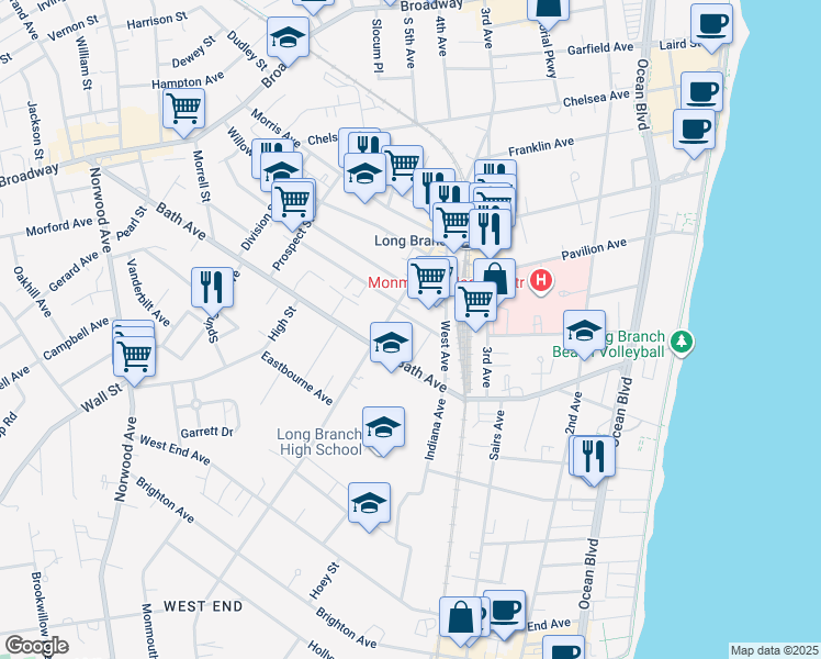 map of restaurants, bars, coffee shops, grocery stores, and more near 220 Cleveland Avenue in Long Branch