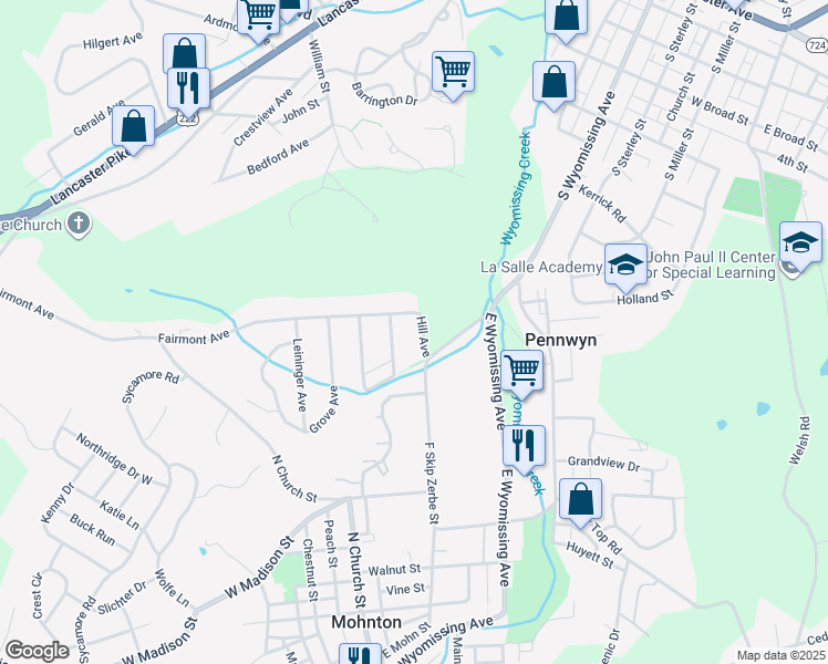 map of restaurants, bars, coffee shops, grocery stores, and more near 120 Hill Ave in Mohnton