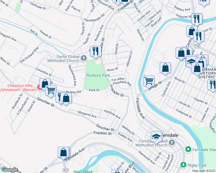 map of restaurants, bars, coffee shops, grocery stores, and more near 108 Park Dr in Johnstown