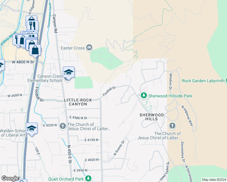 map of restaurants, bars, coffee shops, grocery stores, and more near 4601 Foothill Drive in Provo