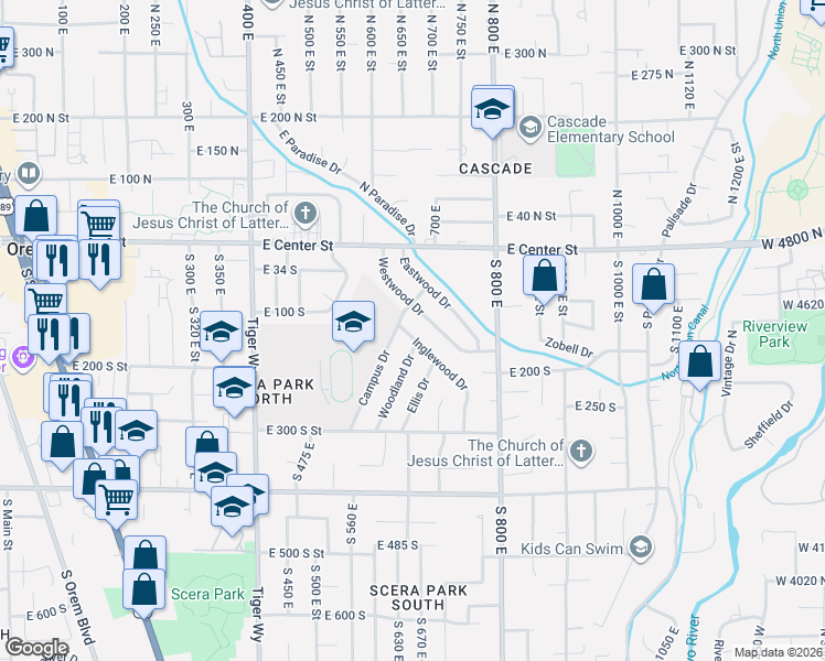 map of restaurants, bars, coffee shops, grocery stores, and more near 131 Inglewood Drive in Orem