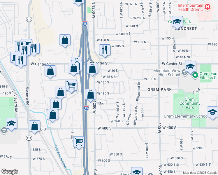 map of restaurants, bars, coffee shops, grocery stores, and more near 114 South 1080 West in Orem