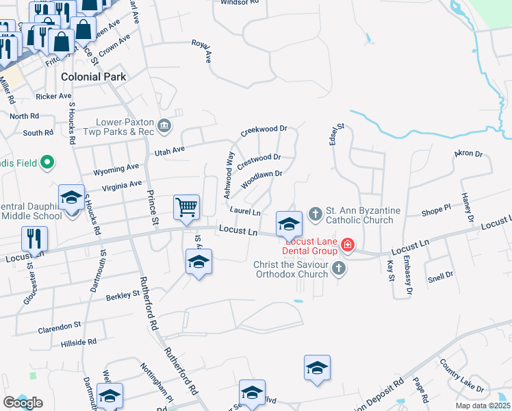 map of restaurants, bars, coffee shops, grocery stores, and more near 101 Northwood Drive in Harrisburg