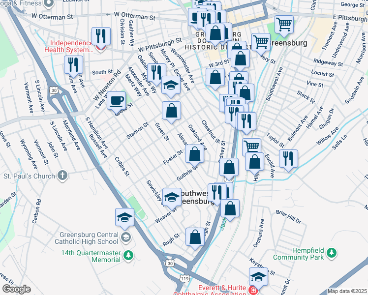 map of restaurants, bars, coffee shops, grocery stores, and more near 423 Foster Street in Greensburg