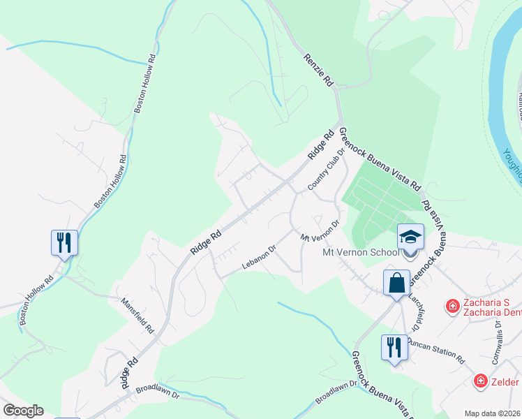 map of restaurants, bars, coffee shops, grocery stores, and more near 2121 Ridge Road in McKeesport
