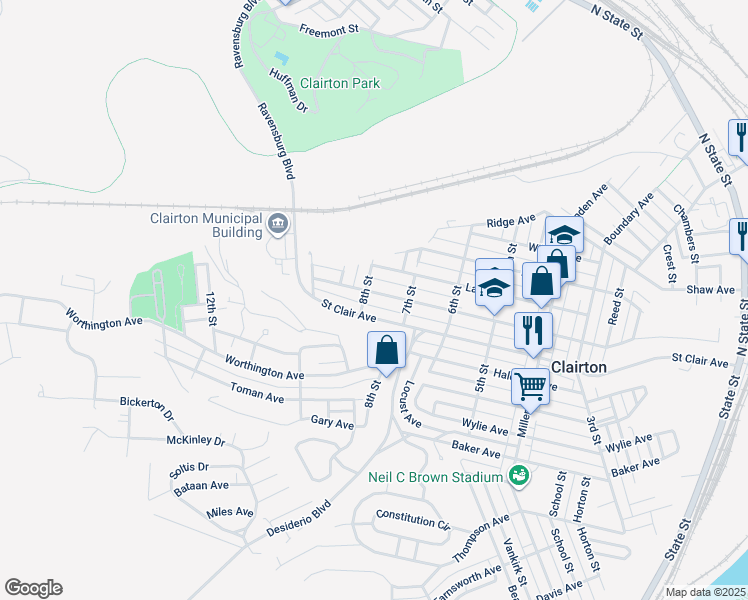 map of restaurants, bars, coffee shops, grocery stores, and more near 722 Waddell Avenue in Clairton