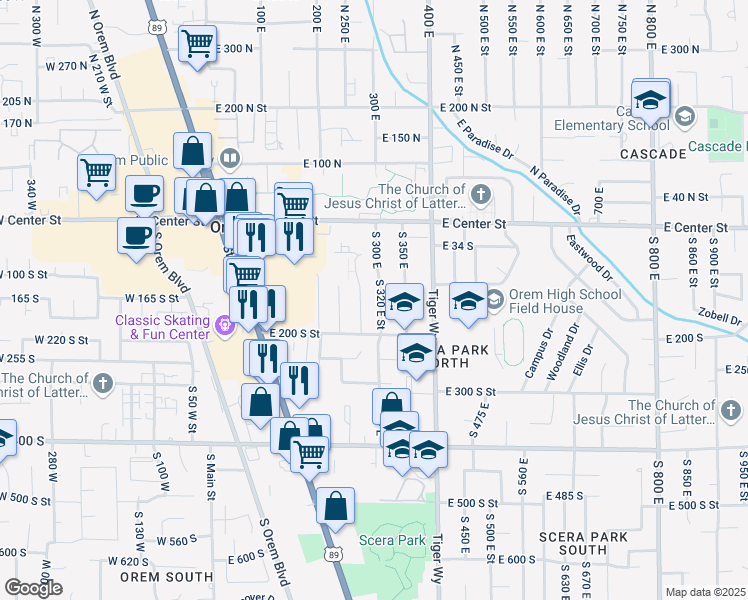 map of restaurants, bars, coffee shops, grocery stores, and more near 148 South 320 East Street in Orem