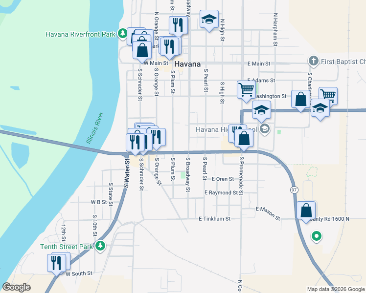 map of restaurants, bars, coffee shops, grocery stores, and more near 518 South Broadway Street in Havana