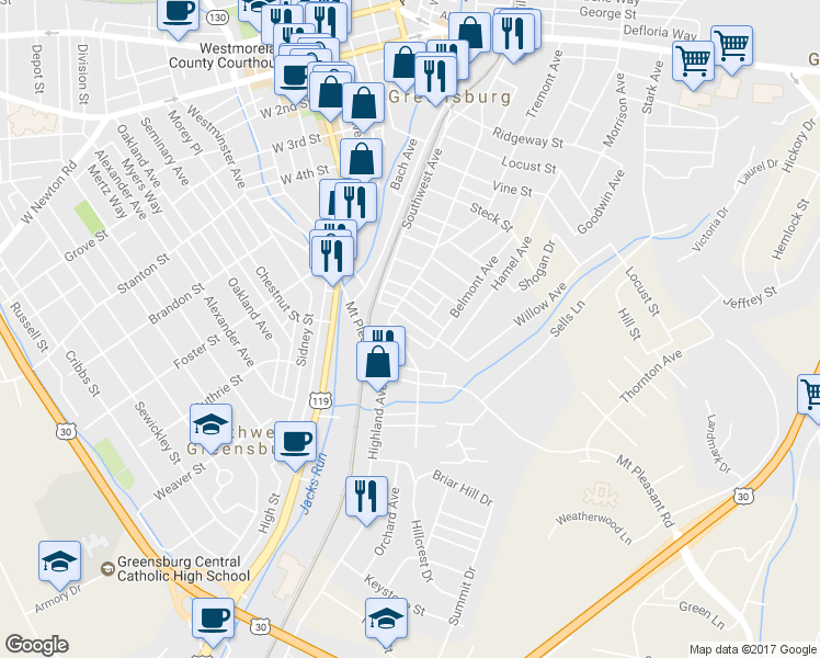 map of restaurants, bars, coffee shops, grocery stores, and more near 516 Wesbecher Way in Greensburg