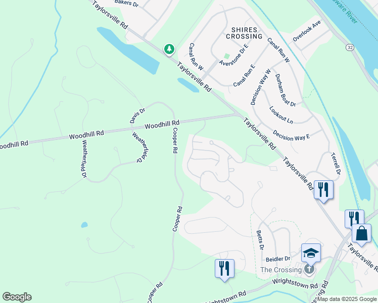 map of restaurants, bars, coffee shops, grocery stores, and more near 21 Sentinel Road in Washington Crossing