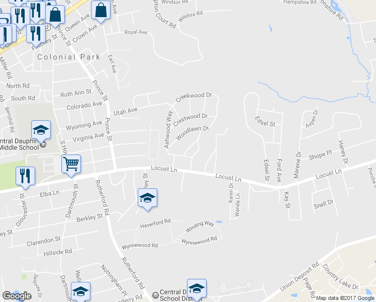 map of restaurants, bars, coffee shops, grocery stores, and more near 101 Northwood Drive in Harrisburg