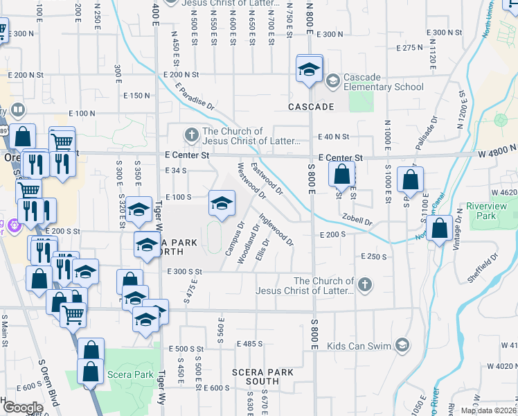 map of restaurants, bars, coffee shops, grocery stores, and more near 121 South Inglewood Drive in Orem