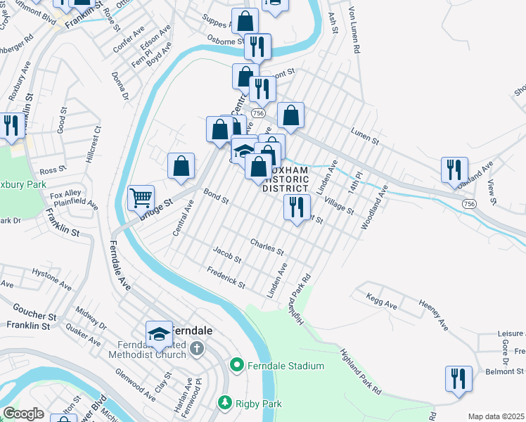 map of restaurants, bars, coffee shops, grocery stores, and more near 661 Cypress Avenue in Johnstown